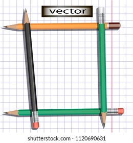Frame made of pencils, notebook paper pencils, stationery for school and office. Vector illustration of realistic 3D isolated on white background objects.