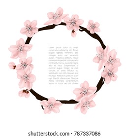 ?ircular frame is made of plum blossom. Vector illustration on a white background.
