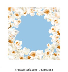 Frame made of popcorn over the light blue background. Vector illustration with clipping mask