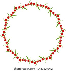 Frame made of red flowers and leaves in circle on white background. Floral round border. Vector illustration. 