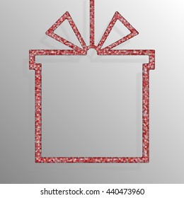 Frame made of red sequins in the form gift box. Mosaic, sequins, glitter, sparkle, stars.