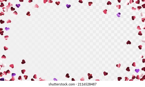 Frame made of shiny confetti hearts on a transparent background