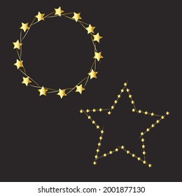 Frame made of stars, golden glowing on a dark background. Shiny frame with glowing effects