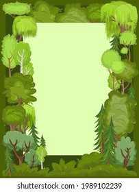 Frame made of summer trees and bushes. Adult and young green plants. Objects are isolated on a white background. Beautiful thin and graceful. Flat style. Cartoon design. Vector