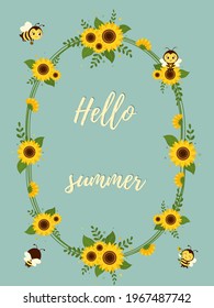 Frame made of sunflowers, leaves and cute bees with honey. Greetings card Hello Summer. Vector