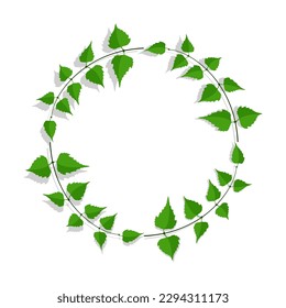 Marco hecho de ramas finas de abedul y hojas verdes. Ornamento floral para el diseño y decoración de invitaciones y afiches. Marco redondo. Vector