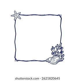 Frame made of twisted rope with decorative sea elements: a starfish in the top corner and coral with a seashell in the bottom corner. Drawn in a clean line style, perfect for beach-themed cards