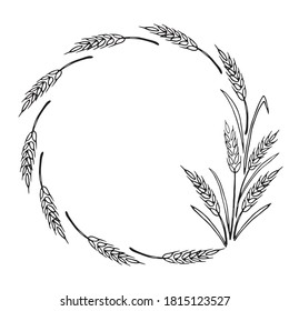 Frame made of wheat or rye ears. Vector autumn wreath hand drawn in Doodle style, black outline isolated on white background