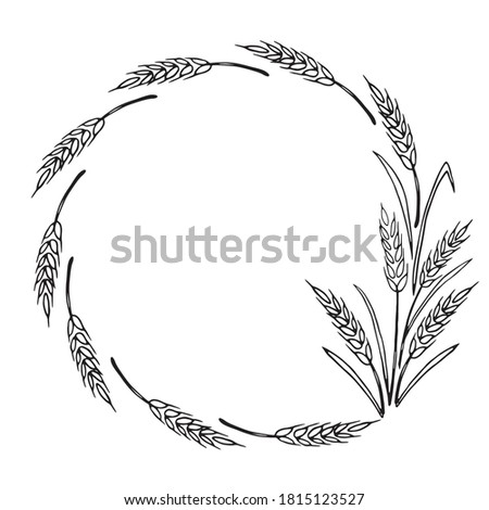 Frame made of wheat or rye ears. Vector autumn wreath hand drawn in Doodle style, black outline isolated on white background