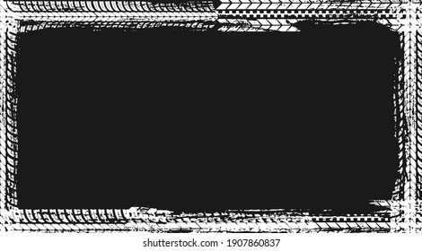 Frame made of white tyre prints on black background. Vector grunge empty border template for automobile transportation service. Dirty tire pattern, offroad grungy trail texture banner or poster design