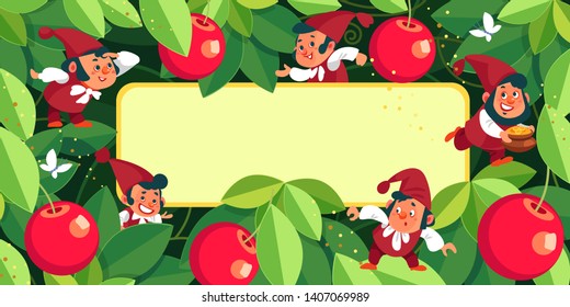 Frame magic garden with fruits and gnomes by there is copy space for adding text. Colorful frame. Background concept. Vector illustration