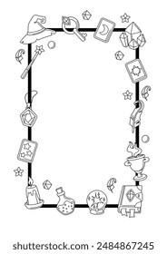 Frame with magic items. Witchcraft alchemy mystery elements.