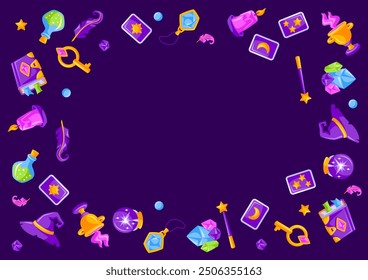 Frame with magic items. Witchcraft alchemy mystery elements.