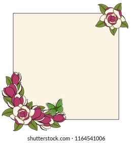 Frame with magnolia flowers and a butterfly. Isolated vector objects on a white background.