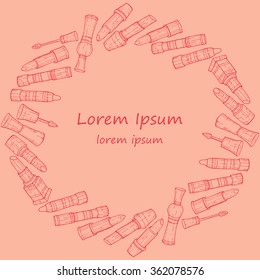 Frame with make-up products: lip balms, lipsticks and lip glosses. Vector