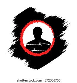 frame man black. prisoner  barbed wire. red circle. brush stroke. vector icon