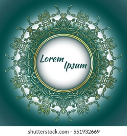 Frame with mandala drawing. Floral motif turquoise, green with gold rims. Round tribal pattern. Vector, abstract mandala flower. Decorative elements for design. EPS 10