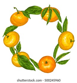 Frame with mandarins. Tropical fruits and leaves.