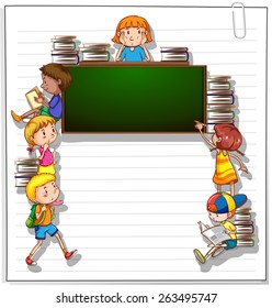 Frame with many kids and an empty blackboard on a white background