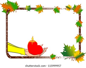 frame of maple leaves and candle
