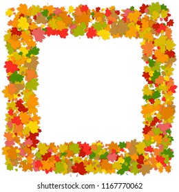 Frame of maple leaves. Decorative illustrated square frame of floral elements in orange, green, brown and yellow colors. Autumn colors vector banner of maple leaves. Vector illustration.