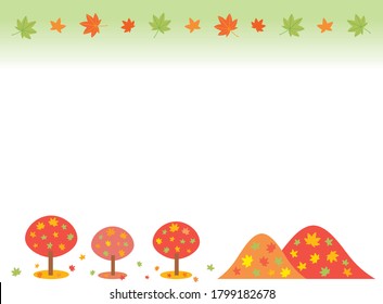 A frame of maple trees and mountains which changed color in the autumn