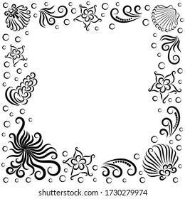 Marco de la composición marina: pulpo, concha, algas, burbujas y pez estrella. Mar. Mundo submarino. Imagen para su diseño. Objetos aislados sobre un fondo blanco. Ilustración vectorial. Copiar espacio. Plantilla