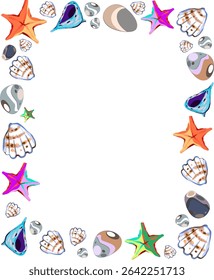 A frame with marine elements on a separate background. Starfish and shells with colorful stones in vintage style. Vector.