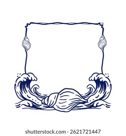Frame in marine style featuring dynamic waves and a large seashell at the bottom. Suitable for summer cards, posters, invitations, and ocean-themed design projects.