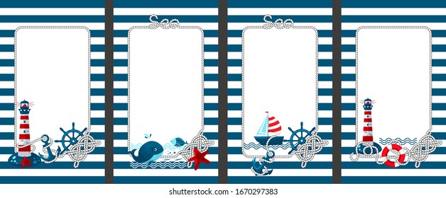 Frame with a marine theme in the cartoon style. Template for poster design, invitation to a children's party, greeting card, photo frame. Isolated vector illustrations.