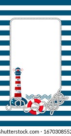 Frame with a marine theme in the cartoon style. Template for poster design, invitation to a children's party, greeting card, photo frame. Isolated vector illustrations.