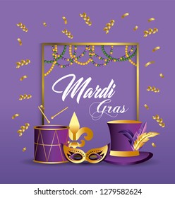 frame with mask and drum decoration to merdi gras