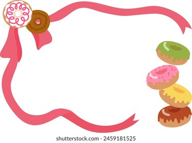 Frame material of colorful donuts jumping energetically and tied with ribbons