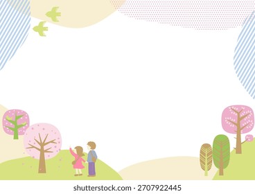 Material del marco de una pareja que despierta en un paisaje con flores de cerezo en flor