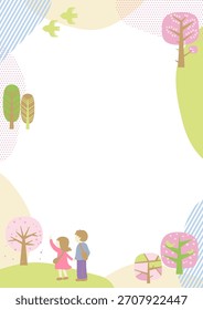 Material del marco de una pareja que despierta en un paisaje con flores de cerezo en flor
