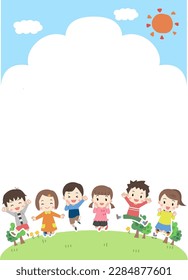 Frame material illustration of children jumping with a smile in the blue sky