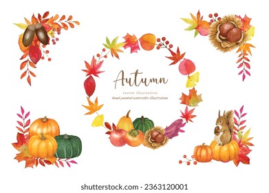 Frame material set decorated with autumn food and plants painted in watercolor