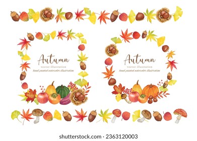 Frame material set decorated with autumn food and plants painted in watercolor