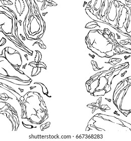 Frame with Meat Products. Restaurant Menu or Butcher Shop Template. Beef Steak, Lamb, Pork Rib. Vector Illustration Isolated On a White Background. Savoyar Doodle Style.