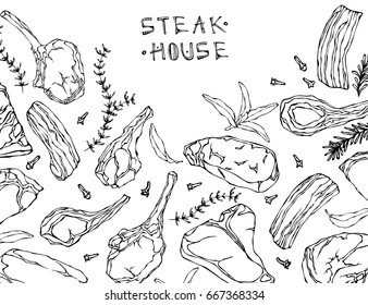 Frame with Meat Products. Restaurant Menu or Butcher Shop Template. Beef Steak, Lamb, Pork Rib. Vector Illustration Isolated On a White Background. Savoyar Doodle Style.