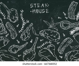 Frame with Meat Products. Restaurant Menu or Butcher Shop Template. Beef Steak, Lamb, Pork Rib. Vector Illustration Isolated on a Black Chalkboard Background. Savoyar Doodle Style.