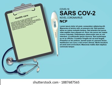 Frame with medical instruments around from a stethoscope and a thermometer on a blue background. Vector illustration with text for web design