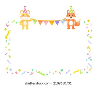 A frame frame memo with pollen and garland illustration set. memo, birthday, firecracker, confetti, kid. Vector drawing. Hand drawn style.