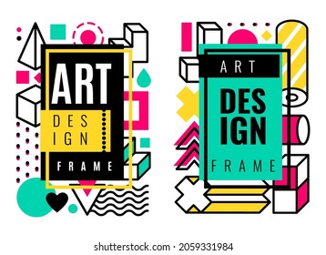 Frame memphis. Halftone gradient geometric elements bright colors. Graphic abstract dots and lines. vertical banners, poster 80s style, flyer or brochure template, vector isolated set