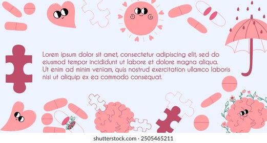 Frame with mental health conceptual funny characters. Medical banner with copy space for text. Vector illustration