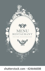Frame menu with floral ornaments in Baroque vintage style and a still life with a bottle of wine, pineapple and bowl of fruit