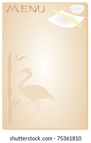 Frame menu with herons, a branch of bamboo and oriental cookware set, consisting of dishes, cups and chopsticks