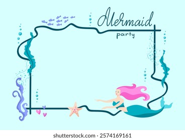 Frame with mermaid. Image of underwater wonder or fabulous creation.