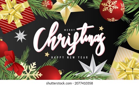 Frame Merry Christmas  and Happy New Year background with gift  pin leaf  and element in Christmas holiday , Flat Modern design , illustration Vector EPS 10