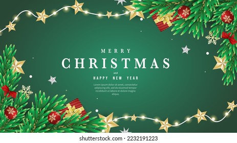 Frame Merry Christmas y Happy New Year Background con hoja de pin regalo y elemento en las vacaciones de Navidad , Flat Modern design , ilustración Vector EPS 10